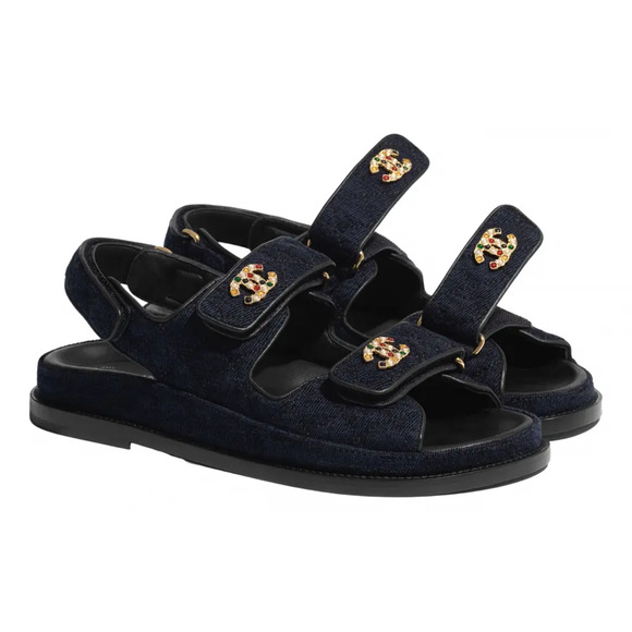 Chanel 21A Blue Velvet Denim CC Logo Mule Slide Strap Flat Teva Dad Sandal 35.5 - Picture 1 of 12